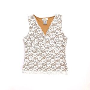 2000s Y2K White Floral Lace Nude Boho Fairy Grunge Slinky Stretch Tank Top S M